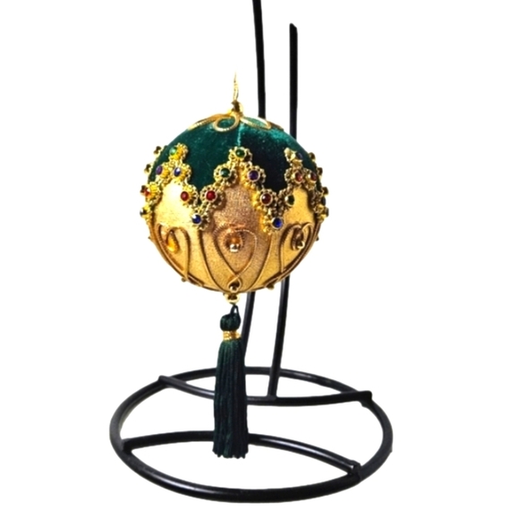 Handmade Christmas ornament Hand Crafted Green Gold beaded tassel fabric unique - Picture 1 of 5